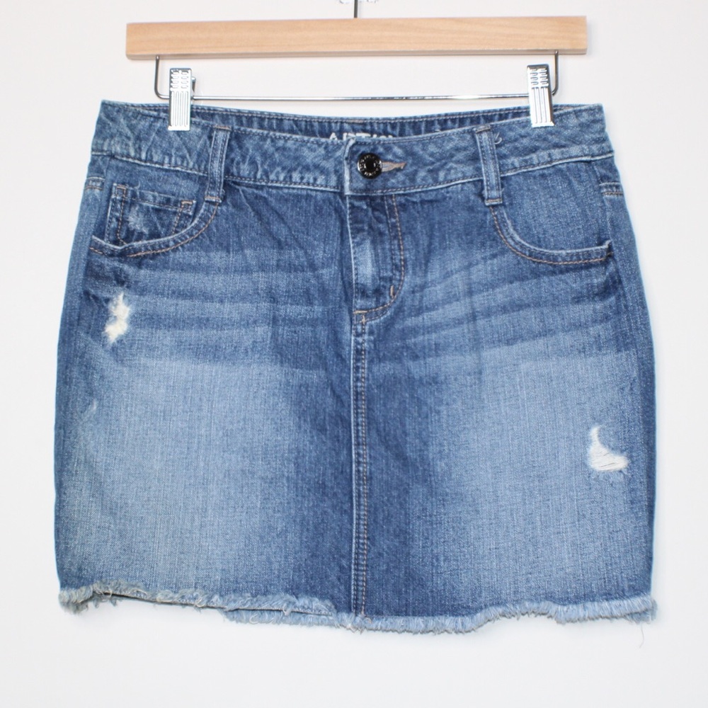 APT. 9 Distressed Blue Medium Wash Mini Jean Skirt